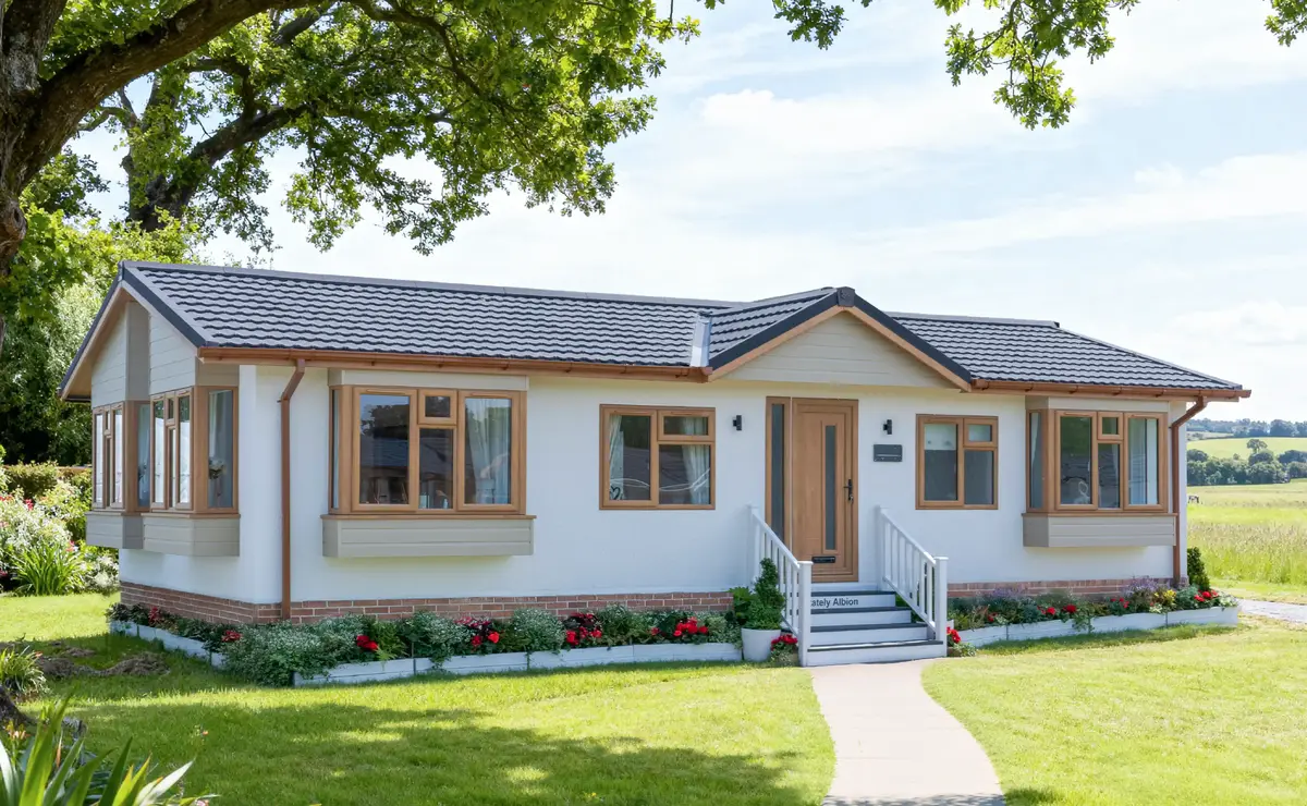 Chatsworth Gold residential park home exterior in a summer garden
