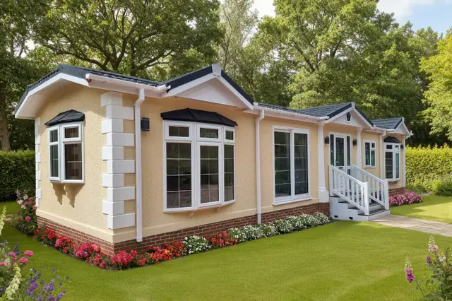 Crystal park home exterior in a landscaped setting.