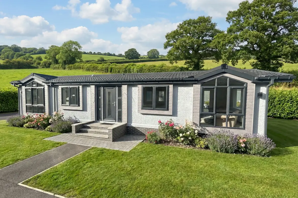 Diamond park home exterior with landscaped courtyard