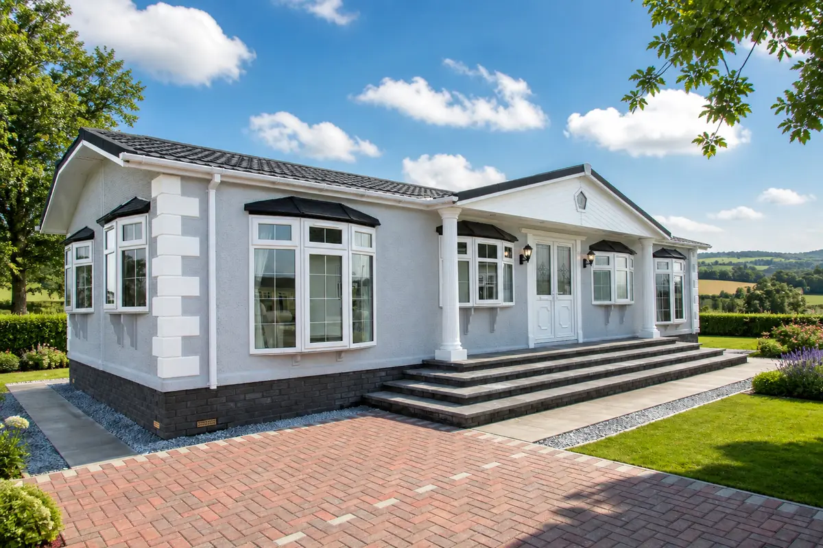 Topaz Gold park home exterior with landscaped garden