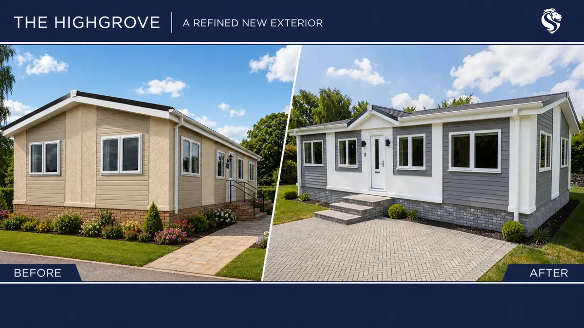 Before and after comparison showing the Highgrove's new entrance gable and revised feature cladding